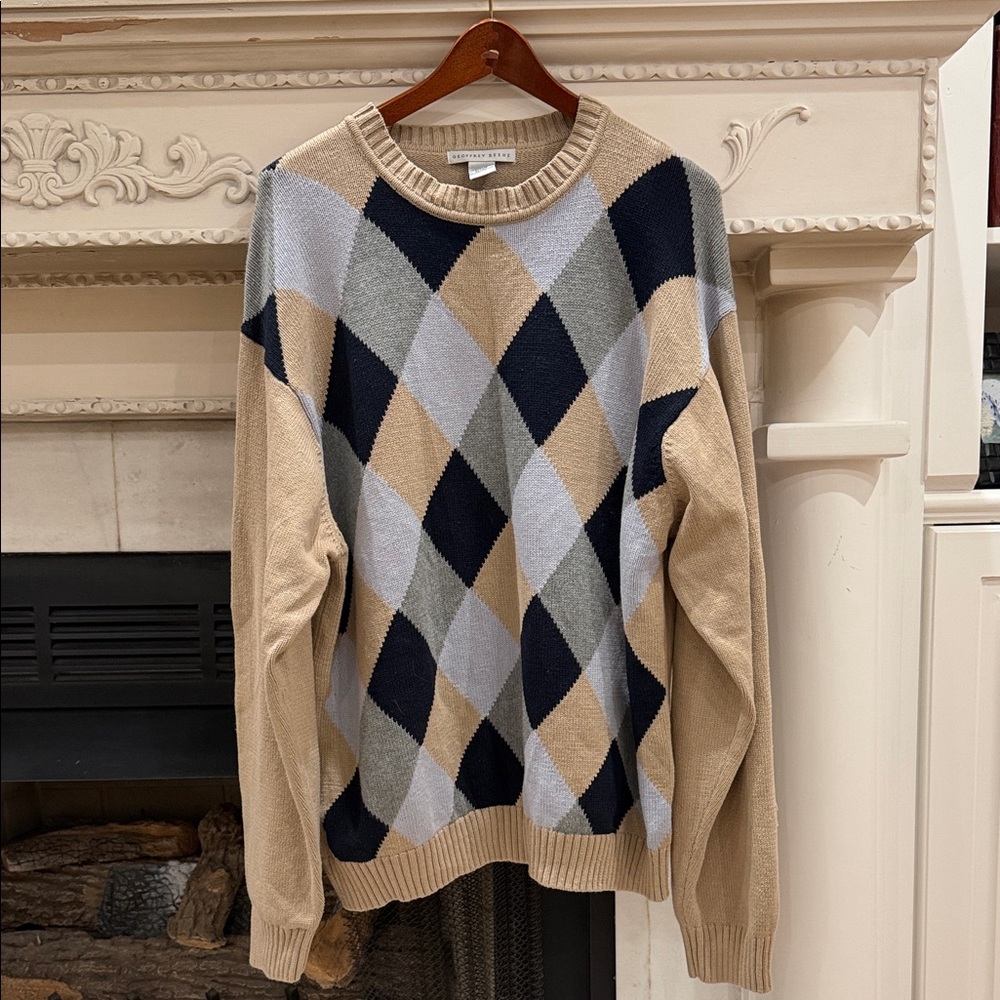 Vintage Preppy Geoffrey Beene Tan Blue Argyle Cotton Sweater XL Academia
